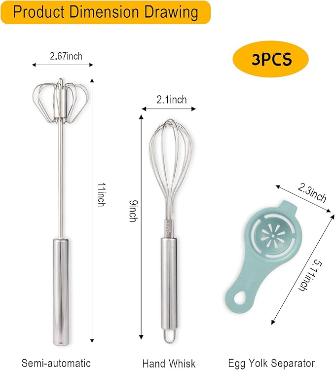 3-Piece Whisk Set with Yolk Separator - Semi-Auto & Manual Cooking Whisks for Baking Mixing, Egg Foaming | Stainless Steel Beating Tools with Ergonomic Handles (3PC Kitchen Gadgets)