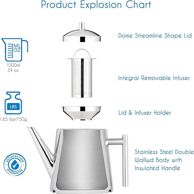 Easyworkz Stainless Steel Double Wall 34 oz Tea Pot with Removable Tea Infuser, Perfect for Brewing Your Favorite Tea, Chrome
