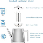 Easyworkz Stainless Steel Double Wall 34 oz Tea Pot with Removable Tea Infuser, Perfect for Brewing Your Favorite Tea, Chrome