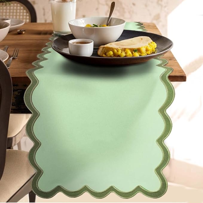 Folkulture Table Runner | Table Runners 108 inches Long | Scallop Table Runner for Farmhouse Decor or Boho Decor | Sage Green Table Runners for Dining Room Table Decor | Pastel Party Decorations