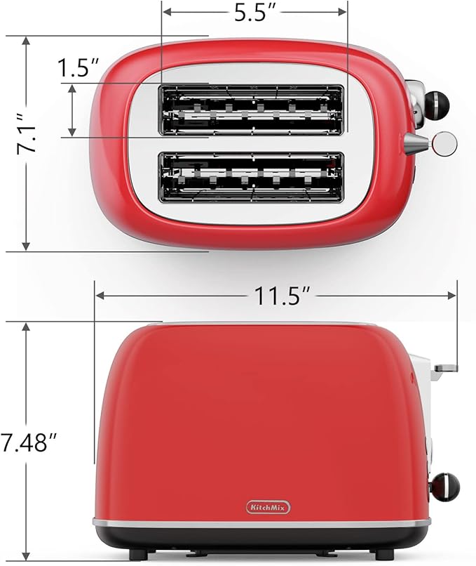 Toaster 2 slice,Retro Stainless Steel Toaster with 6 Settings, 1.5 In Extra Wide Slots, Bagel/Defrost/Cancel Function, Removable Crumb Tray (Red)