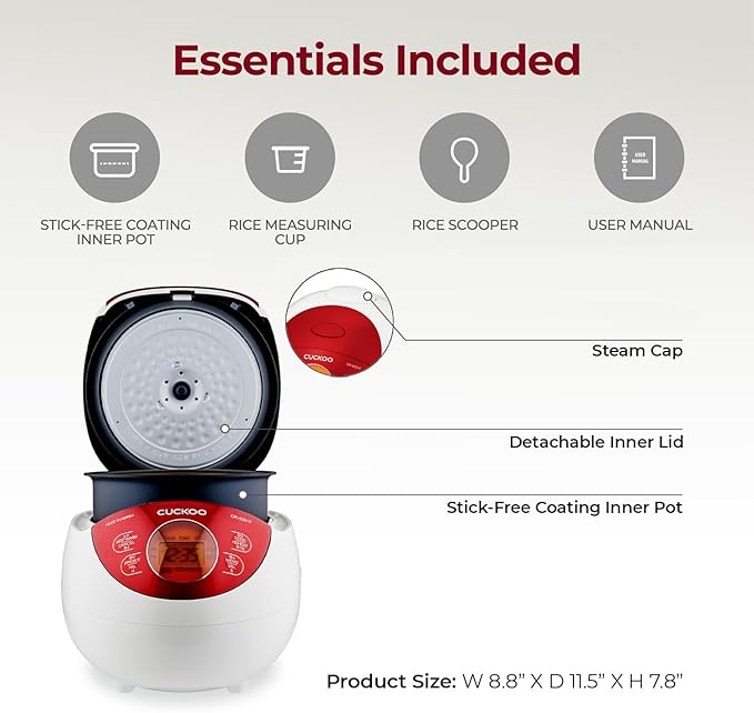 CUCKOO CR-0351FR 3-Cup (Uncooked) / 6-Cup (Cooked) Electric Warmer Rice Cooker with Nonstick Inner Pot, 5 Menu Modes, LCD Display, Fuzzy Logic Tech (Red)
