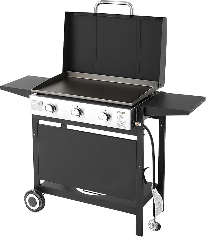 VEVOR Gas Griddle, 3-Burner Flat Top Grill, Propane Griddle with Wheels, Lid, 33000 BTU Outdoor Flat Top Grills for Pan-Frying, Grilling, Stir-Frying, & BBQ, Pulse Ignition, Removable Top Design