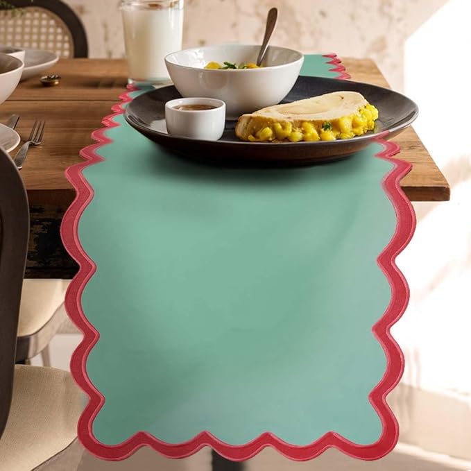 Folkulture Table Runner | Table Runners 72 inches Long | Scallop Table Runner for Farmhouse Decor or Boho Decor | Green Table Runners for Dining Room Table Decor | Table Decorations for Party