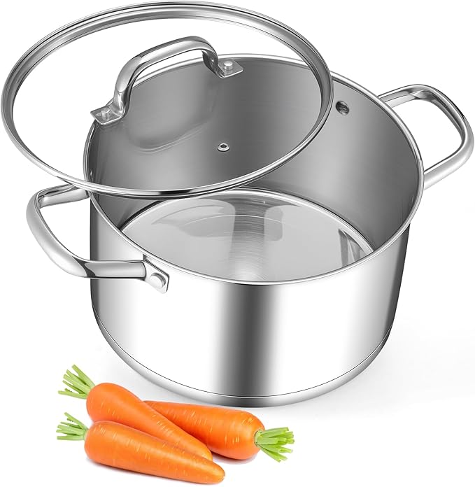 Leonyo 5 Quart Stock Pot with Lid, 18/10 3-ply Stainless Steel Stockpot for Induction Ceramic Gas Stoves, Heavy Duty Cooking Pot for Canning, Boiling, Simmering, Cooking Pot for Pasta, Soup, Spaghetti