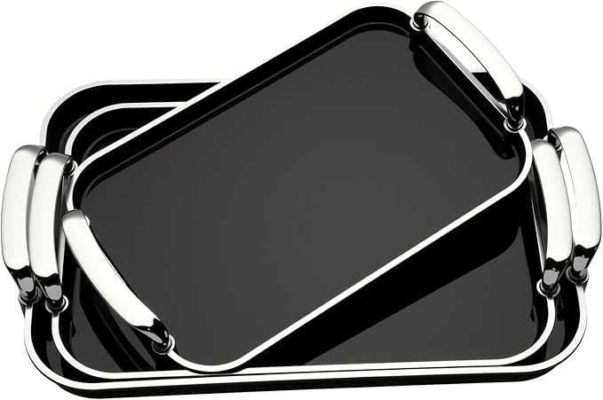 3 Pack Serving Tray with Handles, Stackable Reusable Trays for Serving Food, Plastic Serving Platters for Party, Charcuterie, Fruit, Appetizer, Black Silver