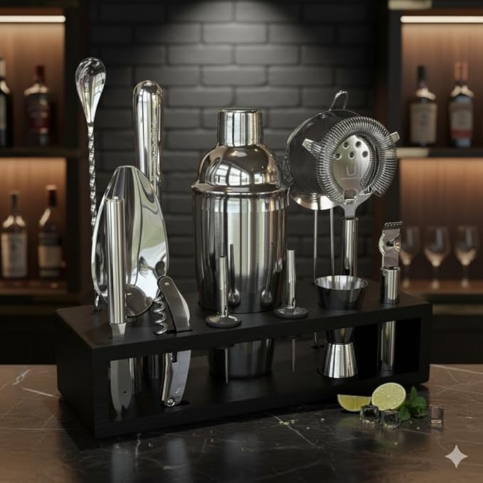 Highball & Chaser 13-Piece Cobbler Cocktail Shaker Set Stainless Steel Mixology Bartender Kit With Stand For Home Bar Cocktail Set | Laser Engraved Cocktail Tools | Plus Ebook with 30 Cocktail Recipes