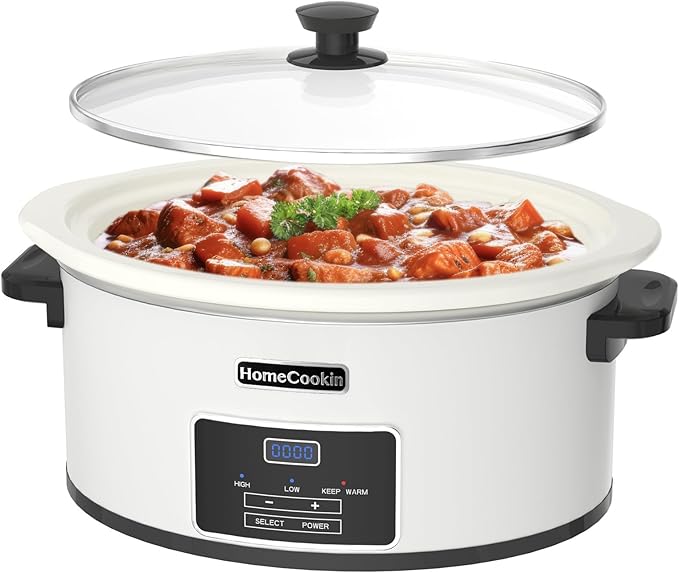 HOMECOOKIN 6-Quart Programmable Slow Cooker with Timer - Small Kitchen Appliance for Family Dinners - Serves 6+ People - Heat Settings: Keep Warm(White)