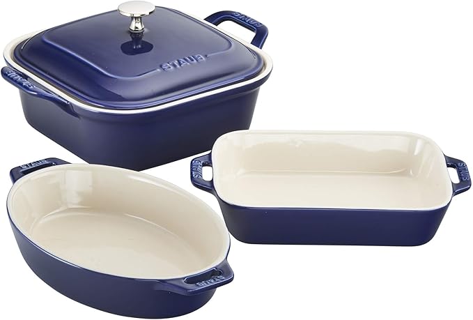 STAUB Ceramic 4-pc Baking Pans Set, Casserole Dish with Lid, Brownie Pan, Dark Blue