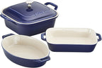 STAUB Ceramic 4-pc Baking Pans Set, Casserole Dish with Lid, Brownie Pan, Dark Blue