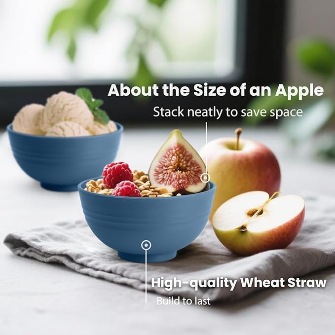 Wheat Straw Bowl 10 OZ - 5 Inch, Unbreakable Small Bowls Set of 8, Dessert Bowl for Kitchen, Camping, Party, Microwave and Dishwasher Safe Mini Bowls for Appetizer, Yogurt (Blue)