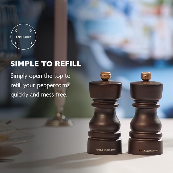 Cole & Mason London Refillable Spice Mill - Kitchen & Home Accessory - Table Black Pepper Grinder - Pepper Mill with Carbon Steel Mechanism - 5", Chocolate Wood