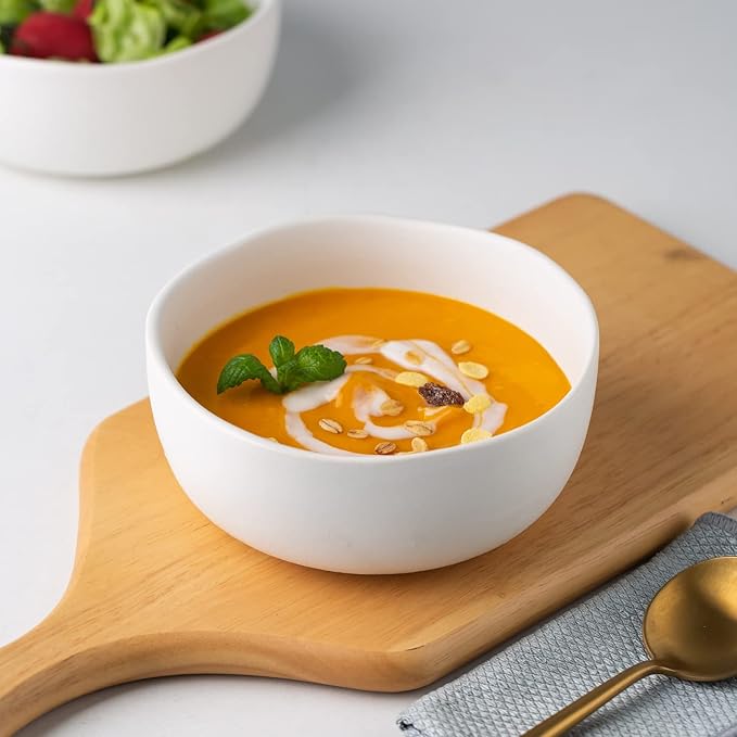 AmorArc Stoneware Cereal Bowls for Kitchen, 28oz Large Ceramic Soup Bowls Set of 4 for Meal, Snacks,Soup, Oven, Microwave&Dishwasher safe Kitchen Bowls with Wavy Rim, Matte White