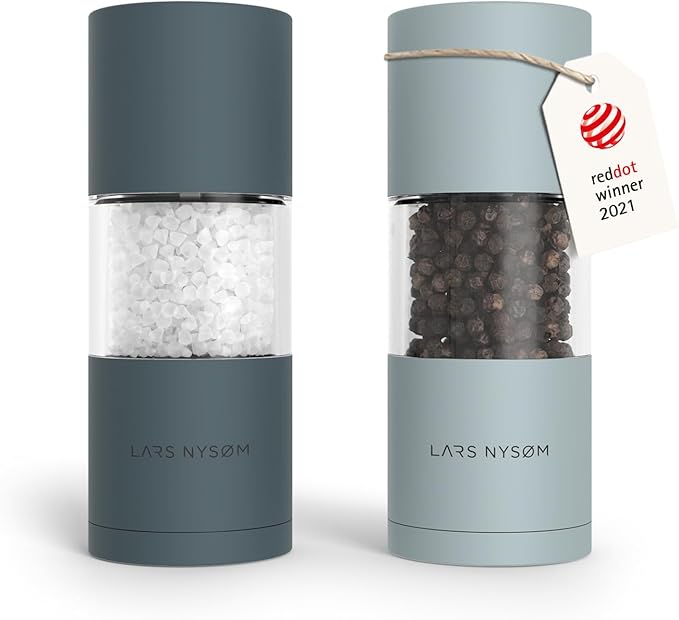 LARS NYSØM Salt and Pepper Grinder Set I Salt and Pepper Mills with Adjustable Ceramic Grinder 2 pieces I Manual Design Spice Mill Set (Blue)