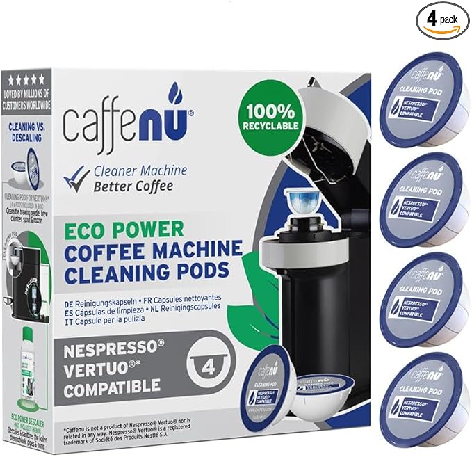Caffenu Cleaning Pods Compatible with Nespresso Vertuo. 4 Cleaner Capsules. For Improved Coffee Flavor and Crisp Coffee. Use with Descaling Kit