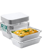 50 Pack 8x6 Disposable Aluminum Pans with Lids Aluminum-Foil-Pans-Tin-Foil-Baking-Pans-Tin-Trays-Food-To-Go-Containers-for-Meal-Prep-Cooking-Roasting-Heating-Takeout