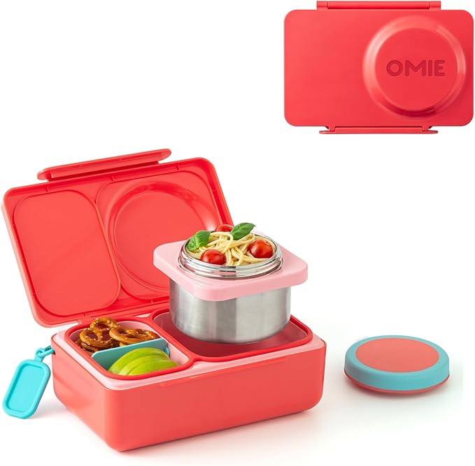 Omie OmieBox UP bento Box for Kids | Insulated Lunch Box | Leak Proof Vacuum Insulated Thermal Food jar | Cooler ice Pack | 2 Compartments (Cherry Pink)
