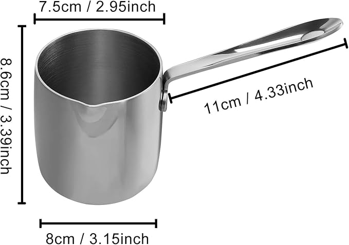 Milk Warmer Turkish Coffee Pot Butter Warmer Melting Pot 18/10 Stainless Steel Small Saucepan with Pour Spout Cookware 12oz Capacity (370ml)