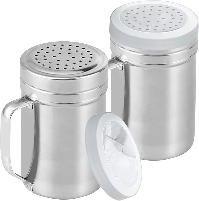 CUSINIUM Large Metal Salt Pepper Cooking Dredge Shakers - With Handle - Seasonings Spice Shakers With Holes and Lids - 14 Ounce, 2pcs | Style: Medium