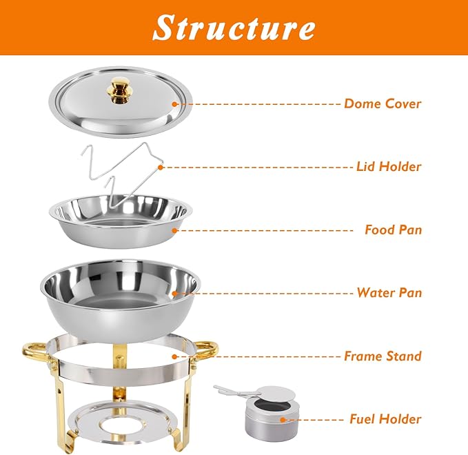 4-Pack Round Chafing Dishes for Buffet, 5QT Stainless Steel Buffet Chafing Set for Catering, Parties & Events
