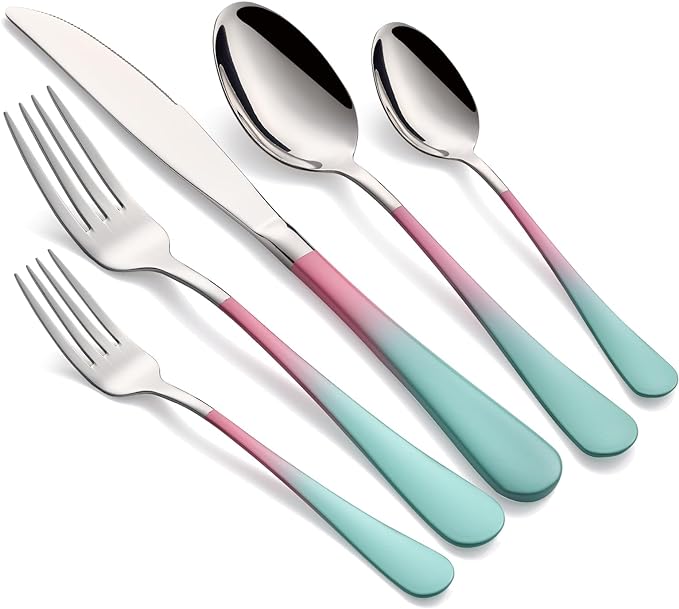 Colorful Silverware Set 20 Piece 18/0 Stainless Steel Flatware Pink and Green Handle Cutlery Set Service for 4 Fork Knife Spoon Set Mirror Finish Dishwasher Safe