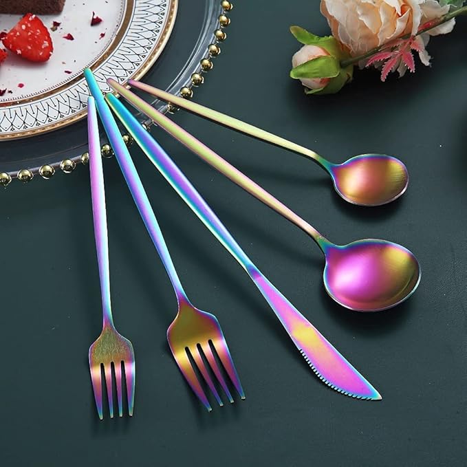Matte Rainbow Flatware Set 40 Pieces, Stainless Steel Colorful Silverware Set, Titanium Plating Matte Rainbow Cutlery Set, Matte Rainbow Utensil Sets, Service Set for 8 (Matte Rainbow)