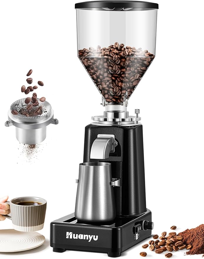 Huanyu Burr Coffee Grinder- Stainless Steel Flat Burr, 19 Precise Grind Settings, 35oz Capacity and Dual Dosing for Espresso, Hand Punch, French Press Black