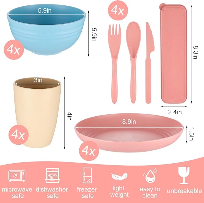 Wheat Straw Dinnerware Sets for 4 - Lightweight & Unbreakable Dishes - Microwave & Dishwasher Safe - Perfect for Camping, Picnic, RV - Kids Plates and Bowls Sets - College Dorm Room Essentials