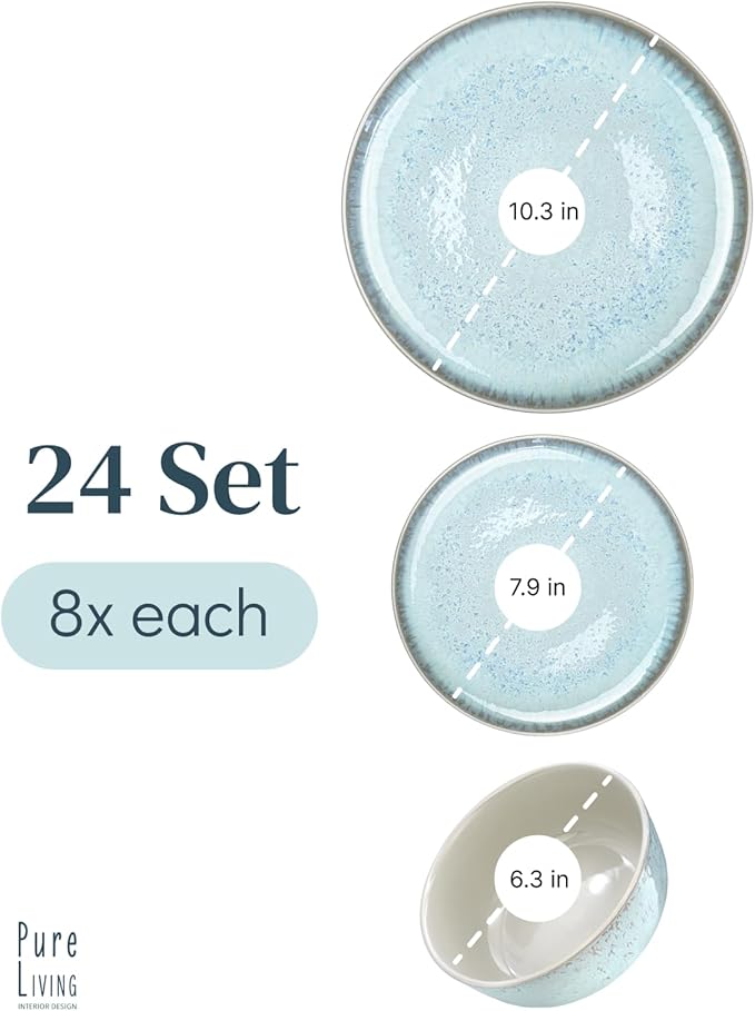 Stoneware dinnerware set 8 persons 24 pcs – Modern style plates and bowls set ceramic – Microwave safe dinner plates and bowls set – Bowl and plate set – Dinner service Pure Living beige & light blue