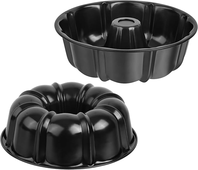 Onader 2 Pack Cake Pan Nonstick, 10 Inch Round Fluted Tube Pans for Baking Pound Cakes, 10 Cups Large Heavy Duty Carbon Steel Baking Mold, Black