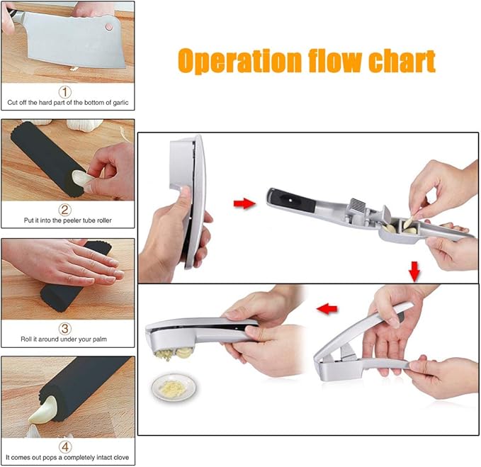 Garlic Press 2-in-1 Mincer, Crusher and Slicer with Peeler & Brush – Rustproof, Dishwasher Safe, Ergonomic Handle for Easy Squeeze and Cleaning