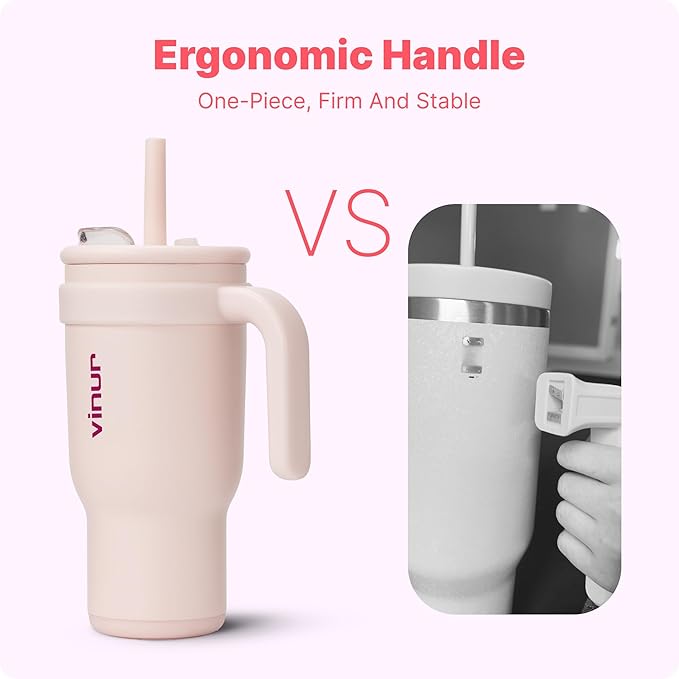 VINUR Insulated Tumbler with Handle-18/8 Stainless Steel Tumbler with Lid and Straw-Reusable Drink Water Cup Travel Mug for Women| Fits Cupholders|30 oz | Pink