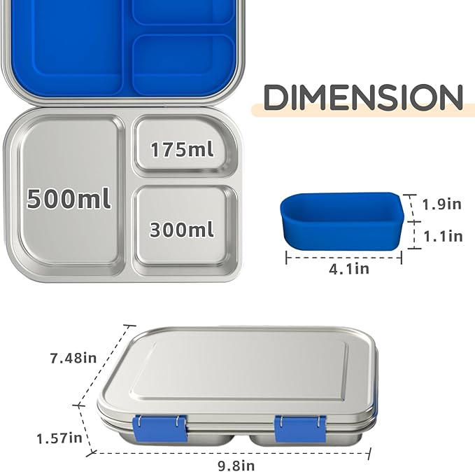 Stainless Steel Kids Leak-Resistant Bento Lunch Box, 3-Compartments with Silicone Container, Dishwasher-Safe, Child-Friendly Design for School, Picnics & Travel,BPA-Free (Blue)