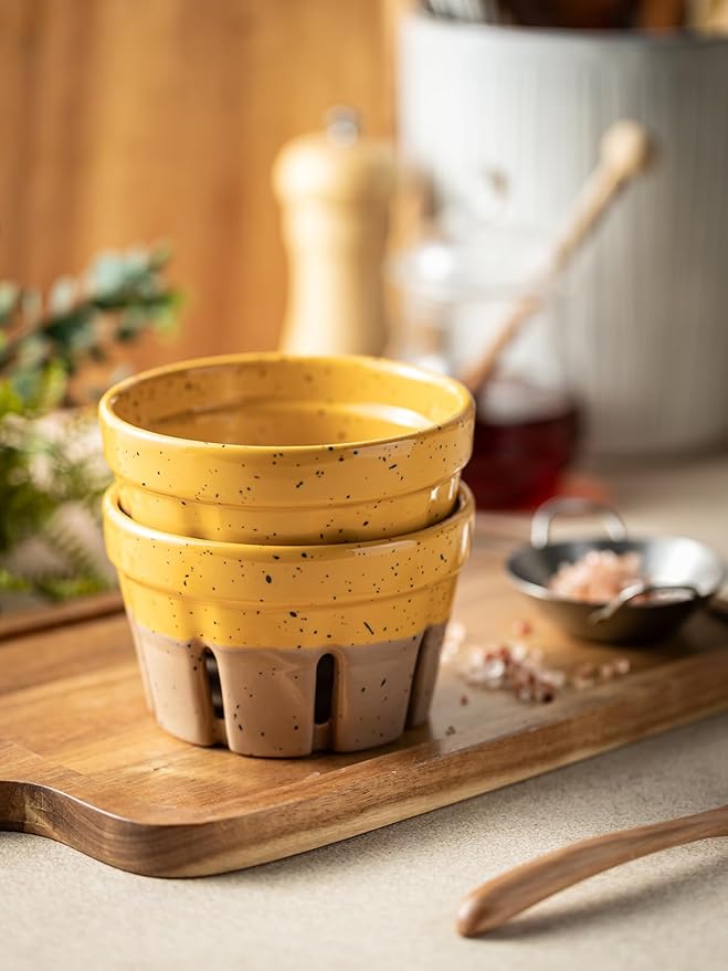 Gomakren Ceramic Berry Basket Set of 2, Round Fruit Bowls with Holes, Rustic Fruit Basket Containers for Kitchen, Berries, Strawberry, Grape, Cherry, Yellow + Brown