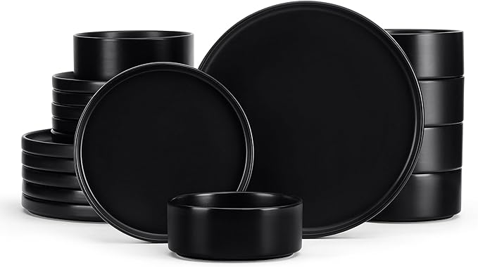 E-far Black Dinnerware Sets for 6, 18-Piece Stoneware Plates and Bowls Dish Set, Modern Kitchen Dinning Dishware, Chip and Scratch Resistant, Microwave & Dishwasher Safe, Matte Black