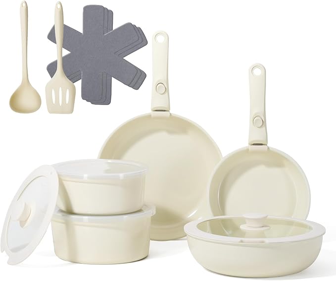 Pots and Pans Non Stick,16Pcs Ceramic Nonstick Cookware Sets, Induction Kitchen Set with Removable Handle, Cooking Frying Pans & Saucepans(PFOS, PFOA Free), Oven/Dishwasher/Fridge Safe, Space Saving