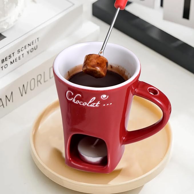 Chocolate Fondue Mug with Fork, Chocolate Fondue Cup, Personal Chocolate Melting Cup for Cheese, Ceramic Chocolate Melting Cup, Chocolate Melting Mug For Date Night Birthday Wedding Gifts (White)