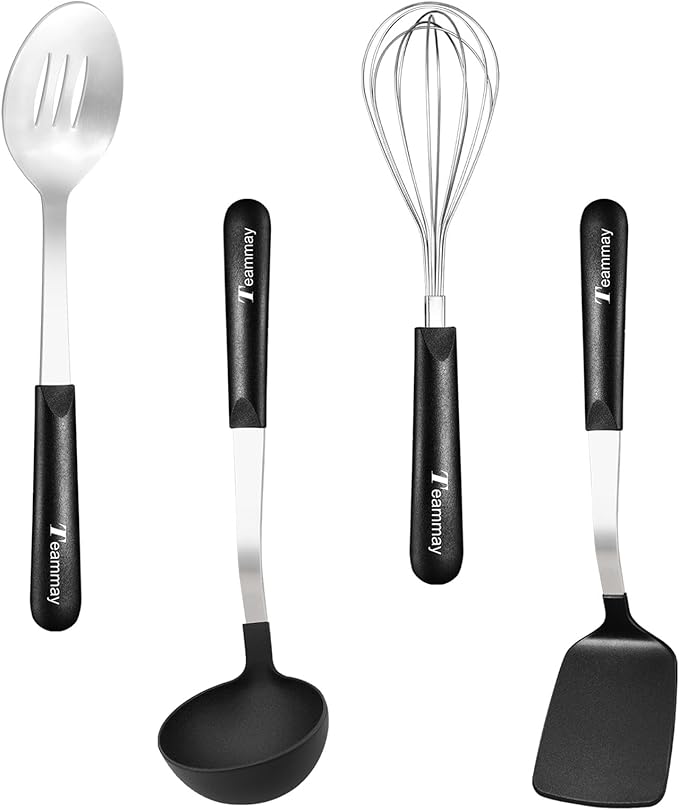 4-Piece Nylon Cooking Utensil Set - Heat-Resistant, Dishwasher Safe Kitchen Tools with Stainless Steel & PP Hybrid Handle for Nonstick Cookware (Ladle, Spatula, Slotted Spoon, Whisk)