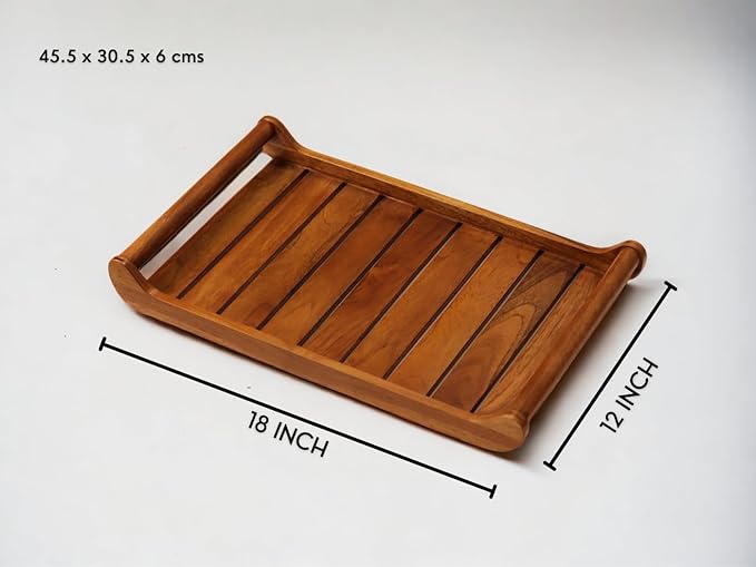 Vesta Homes Teak Wood Serving Tray for Home,Kitchen,Restaurant,Office Organizer,Dining Table, Premium Wooden Trays, 18" x 12", Extra Large, Handmade In India (Brown)(Extra Large)