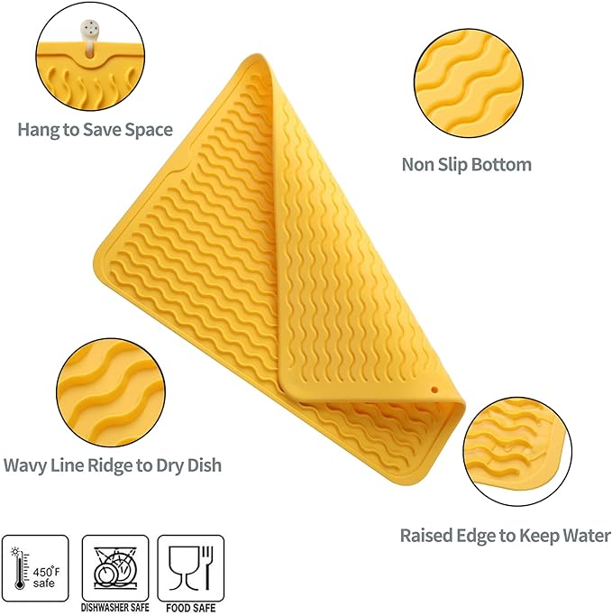 Silicone Dish Drying Mat for Multiple Usage,Easy clean,Eco-friendly,Heat-resistant Silicone Mat for Kitchen Counter or Sink,Refrigerator or drawer liner Yellow L 16 inches x 12 inches