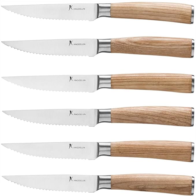 Natura Series 4.5” Serrated Steak Knife Set of 6, High Carbon Stainless Steel, Wooden Handle