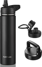 24oz Insulated Water Bottle with Straw, Stainless Steel Metal Vacuum Water Flask, Large Thermal Water bottle with Leakproof 3 Lids for Travel, Camping, Gym Sports Black