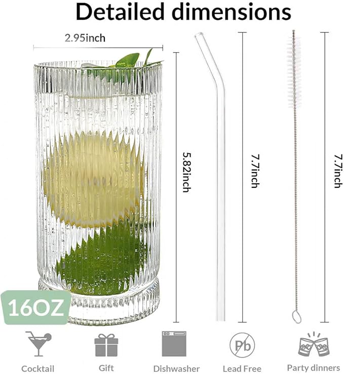 Vintage Ribbed Glassware Set with straws, 16oz Drinking Glasses, Origami Style Set of 4, Fluted Design, Ideal for Water, Iced Coffee, Juice, Beer, Milk, Cocktail, Gift