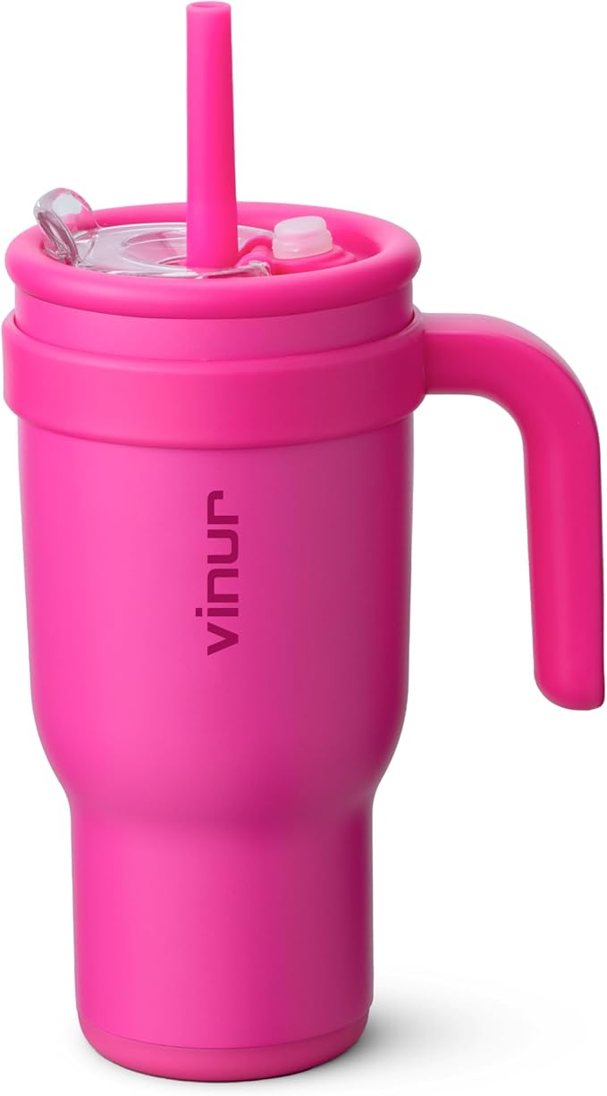 VINUR 30 oz Tumbler with Handle and Straw-Insulated Coffee Travel Mug with Leak Proof Lid | Reusable Stainless Steel | Rubber Base | Cup Holder Friendly | Gifts for Women, Rose Red