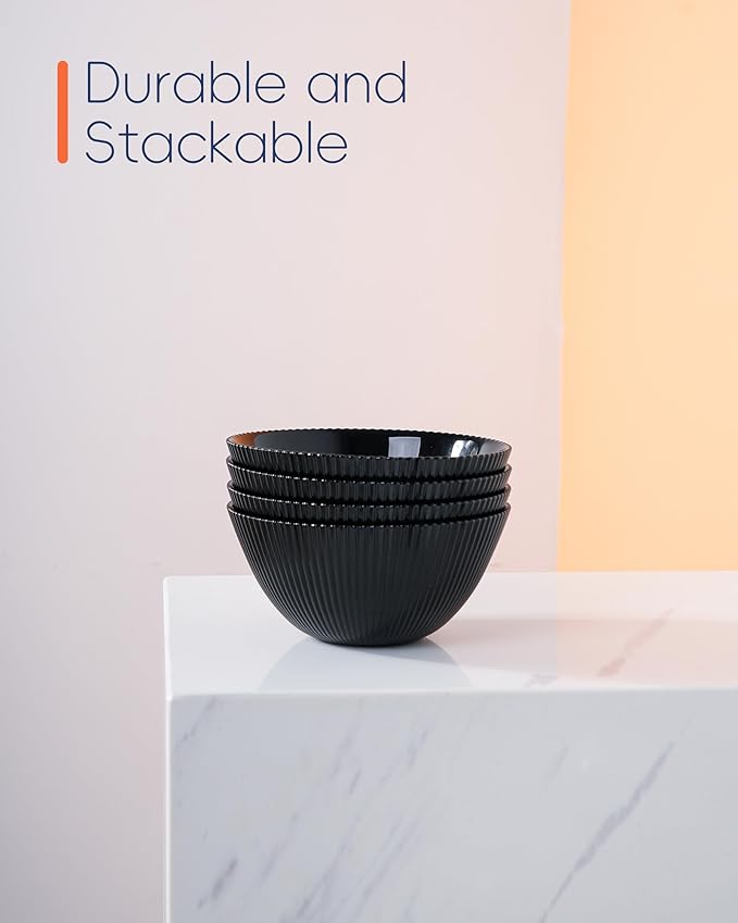 20 OZ Max Black Opal Glass Cereal Bowl Set of 6, 6 inch Dishwasher & Microwave Safe Round Ribbed Bowls for Kitchen, Salad, Soup and Rice