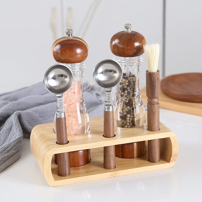KKC HOME ACCENTS Wooden Salt and Pepper Grinder set with Spoons and Brush,Salt and Pepper Mill set,8 inch,Refillable Adjustable Coarseness Fine to Coarse