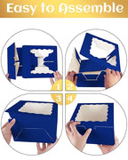 qiqee 8x8x5 Cake Box, 18 Sets Deep Blue Cake Box with Window ＆ 18 Sets 8" Deep Blue Cake Round Boards, 8inch Cake Containers