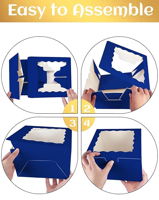 qiqee 8x8x5 Cake Box, 18 Sets Deep Blue Cake Box with Window ＆ 18 Sets 8" Deep Blue Cake Round Boards, 8inch Cake Containers
