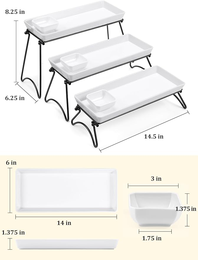 Yedio 3 Tier Serving Tray Set, 14" White Porcelain Platters with Collapsible Metal Stands, Tiered Serving Stand for Party Food Display, Cupcakes, Desserts, Fruit & Appetizers