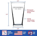 Grandma Est 2022 - New Grandmother Pint Glass Gift for First Time Grandparents - Bold 16 Oz Glasses